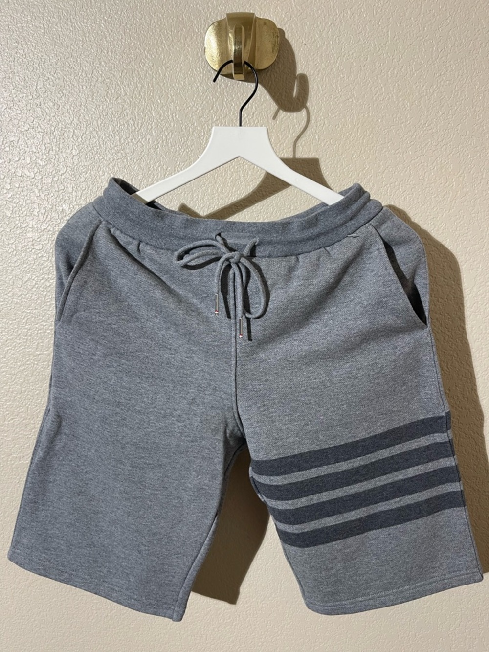 Thom Browne Gray Knit Drawstring Athletic Shorts with Stripe